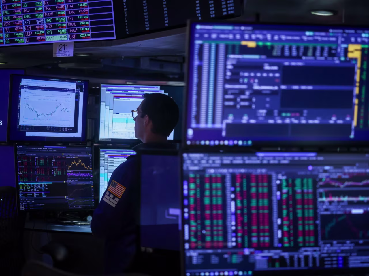 Trading floor, red screens — wide shot