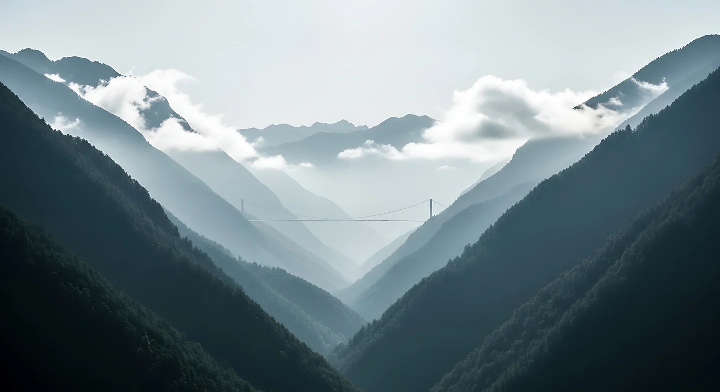 A suspension bridge spanning a forested mountain valley beneath low clouds